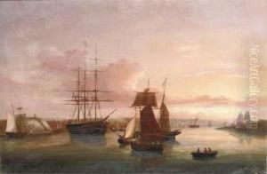 Merchantmen, Sail And Steam, Lying In Cork Harbour At Sunset
