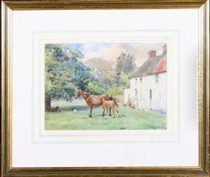 A Mare And Foal In The Meadow Beside A White-washed Farmhouse