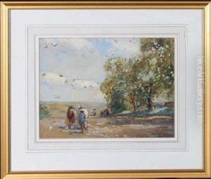 A Farmer Driving A Horse-drawn Harrow With Other Workers In The Field Beyond by John Atkinson