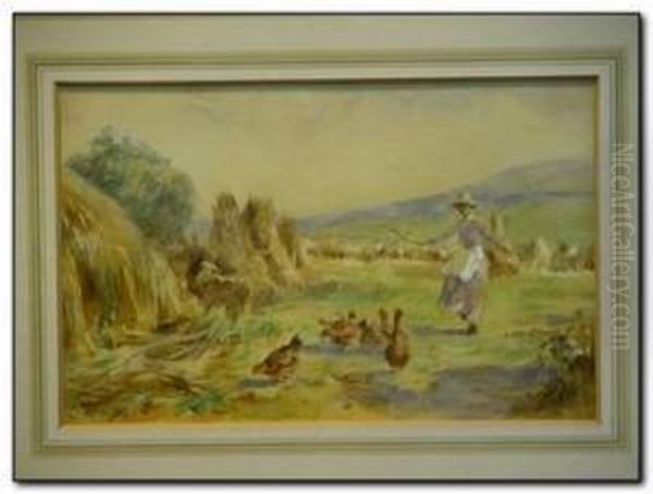 Chickens And Farm Girl In A Harvest Field - view 1