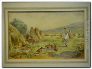 Chickens And Farm Girl In A Harvest Field by John Atkinson