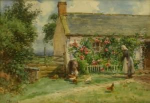 Cottage At Hinderwell - Feeding The Hens by John Atkinson