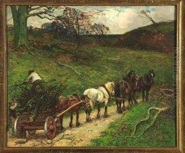 Lumbermen Loading Branches Onto A Four-team Cart - view 1