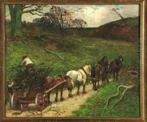 Lumbermen Loading Branches Onto A Four-team Cart by John Atkinson