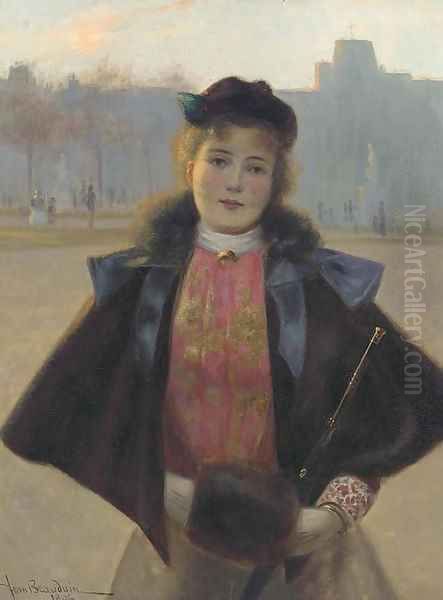 Portrait of a young woman, three quarter length, in a winter park with fur cape, muff and hat - view 1