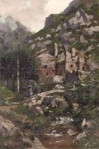 Faggot gatherers crossing a bridge at an Italian hilltown by Carlo Brancaccio