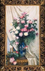 Peonies In A Blue Vase On A Draped Regency Giltwood Consoletable by Albert Aublet