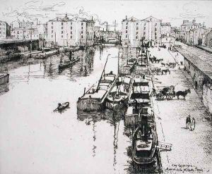 Bassin de la Villette, from 'Du Ier au XXeme- Les Arondissements de Paris...' 1903 by Eugene Bejot
