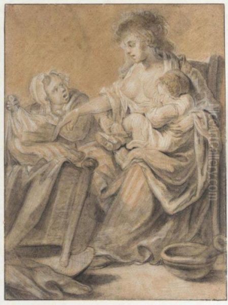 A Young Peasant Mother And An Older Child Putting A Sleeping Infant To Bed - view 1