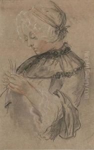 Bust Of A Girl In A Bonnet, Lace-making, Facing To The Left by Etienne Aubry