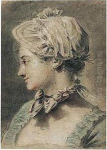 Head-and-shoulders Study Of A Young Woman In Profile, Wearing A Cap, A Bow At Her Throat