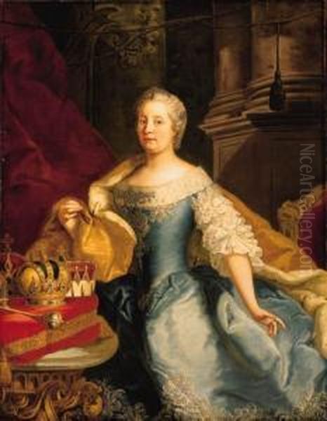 Portrait Of The Empress 
Maria-theresa, Three-quarter-length, In Asilver-embroidered Blue Dress 
With Lace Sleeves And Bodice, With Anermine-lined Cloth-of-gold Cloak, 
By A Table Bearing The Imperialregalia On A Red Cushion - view 1