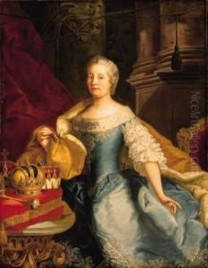 Portrait Of The Empress 
Maria-theresa, Three-quarter-length, In Asilver-embroidered Blue Dress 
With Lace Sleeves And Bodice, With Anermine-lined Cloth-of-gold Cloak, 
By A Table Bearing The Imperialregalia On A Red Cushion by Johann-Gottfried Auerbach