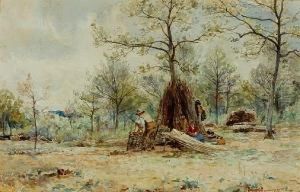 Figures Making Hurdles In A Woodlandglade by James Aumonier