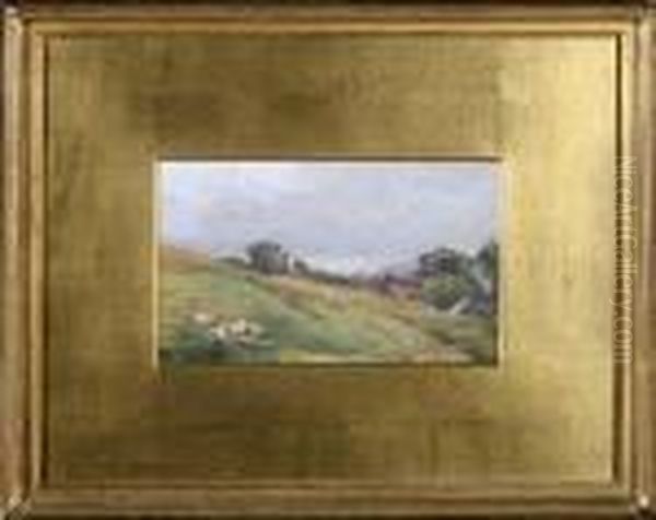 Sheep On A Hillside With A Village In The Distance - view 1