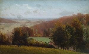 Figure On A Hillside With Fields And A Woodland Valley Beyond by James Aumonier
