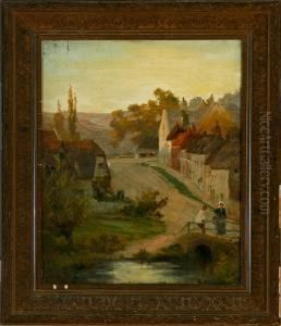 Village Street With A Mand And Woman On A Bridge Village Street With A Mand And Woman On A Bridge