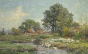 Geese By A Stream With Cottages And Woodland In The Distance by James Aumonier