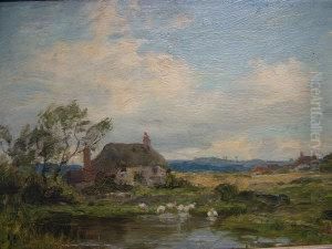 Geese By A Pond With A Cottage Nearby by James Aumonier