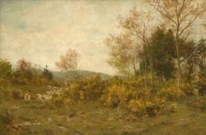 Moving Pasture,shepherd And Flock On A Wooded Hillside With Flowering Gorse by James Aumonier
