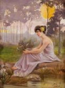 Ninfa Seduta Sulla Riva Del Tevere Sullo Sfondo Di Roma by Giuseppe Aureli