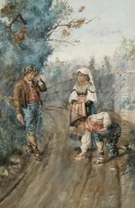 Three Rustic Figures On A Path by Giuseppe Aureli