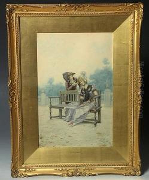 A Lady In Costume And Wearing A
Bonnet While Seated On A Wooden Bench Accompanied By A Gentleman In An
Italian Garden Setting - view 1