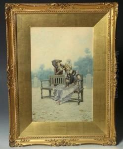 A Lady In Costume And Wearing A 
Bonnet While Seated On A Wooden Bench Accompanied By A Gentleman In An 
Italian Garden Setting by Giuseppe Aureli