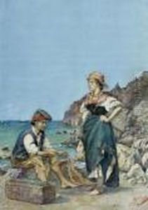 Fischer Mit Madchen Am Meeresufer. 1880. Fischer Mit Madchen Am Meeresufer. 1880.
