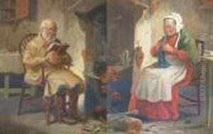 Old Man Reading In An Interior,and Another, Old Woman Knitting by Alexander Austen