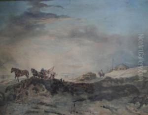 Fisherfolk And Horses Amongst Dunes On The Shore Bears Another Signature by Samuel Austin