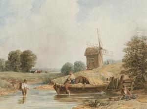By The Windmill; Barges On A River By The Windmill; Barges On A River