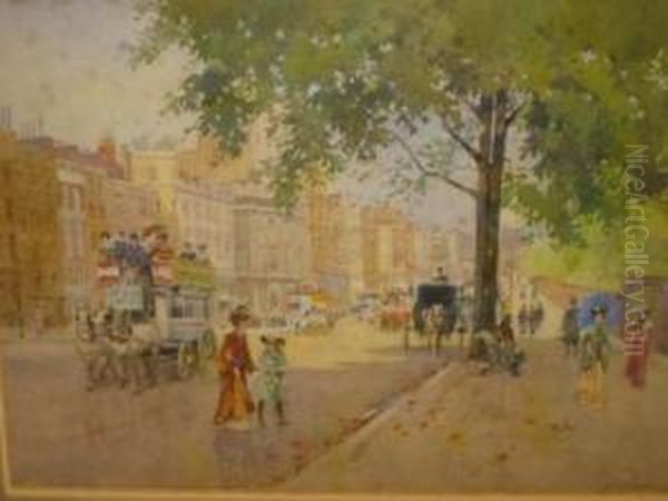 Street Scene With Figures And Cabs - view 1