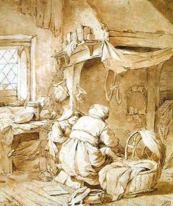 Farmhouse Parlour with Farmer, Cradle and Child, c.1654 by Cornelis (Pietersz.) Bega