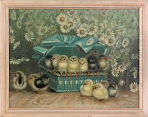 Fifteen Chicks Playing In A Blue Basket Surrounded By Daisies