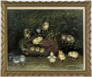 Chromolithograph Of Chicks Playing Around A Tin Can