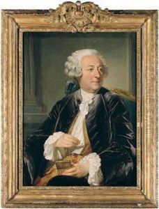 Portrait Of A Gentleman, Half
Length Seated, Wearing A Purple Velvet Jacket And Holding A Snuffbox by Jacques-Andre-Joseph Aved