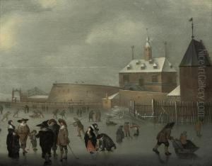 A Winter Landscape With Skaters 
And Kolf Players On The Ice, A House And A Viewing Point Beyond