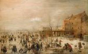 Patineurs Sur Une Riviere Gelee Au Bord D'un Village by Hendrick Avercamp