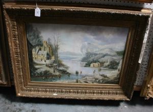 Snowy Landscape With Figures Skating On A Frozen River by Hendrick Avercamp