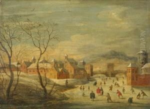 Winter Landscape With Kolf Players And Skaters On A Frozen River Before A Town by Hendrick Avercamp