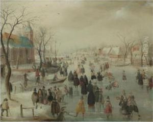 An Extensive River Landscape With Numerous Skaters Before Achurch, A Village Beyond