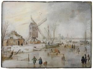 A Winter Landscape With Figures On A Frozen River Near A Windmill by Hendrick Avercamp
