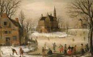 Figures In A Winter Landscape With A Castle Beyond by Hendrick Avercamp