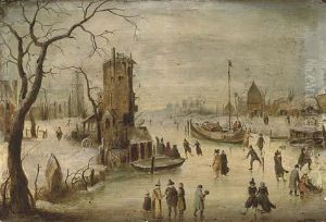 A Frozen River Landscape With Skaters by Hendrick Avercamp