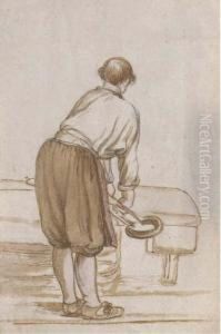 A Man, Seen From Behind, Shearing Loose Fibres From Woven Wool by Hendrick Avercamp
