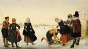 Elegant Ladies And Gentlemen On A Frozen River by Hendrick Avercamp