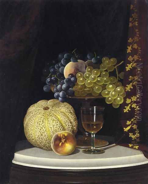 Still Life with Melon, Peach, Fruit-Filled Compote and Glass of Wine on a Marble Table Top - view 1