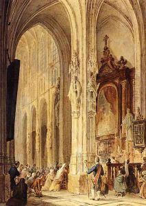 A Church Interior With People Attending Mass by Johannes Bosboom