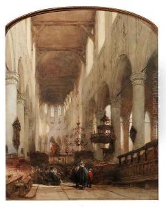 Worshippers In The Central Aisle Of The Pieterskerk, Leyden by Johannes Bosboom